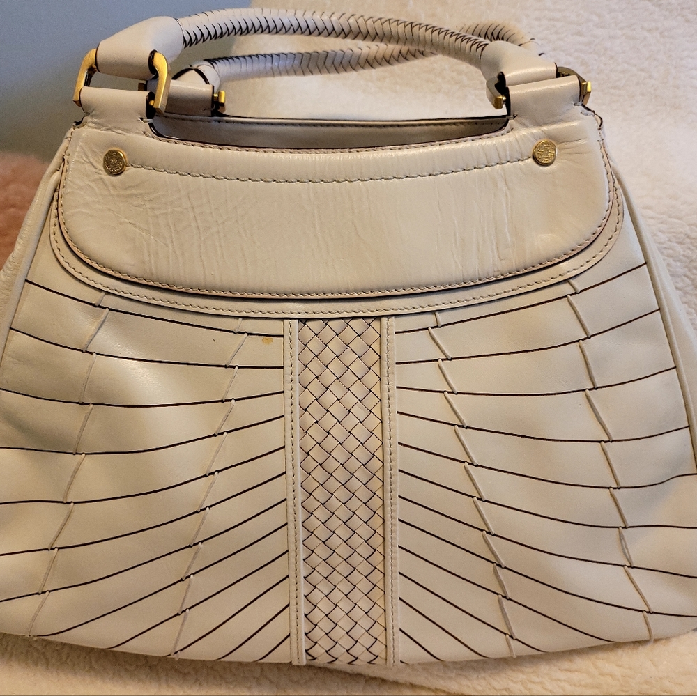Cole Haan Cream Leather Woven Satchel - Picture 2 of 11